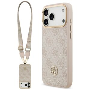 Guess 4G Strass Logo & Big Strap Metal Buttons MagSafe tok iPhone 17 Pro Max készülékhez (rózsaszín)
