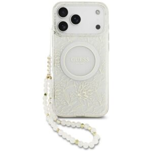 Guess IML Flowers Electro Pearl Strap MagSafe tok iPhone 17 Pro Max készülékhez (fehér)