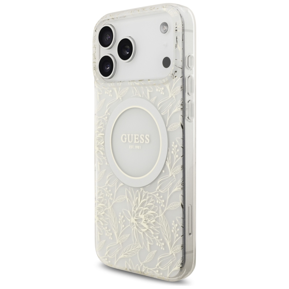 iTok webáruház - Guess Guess IML Flowers Electro Pearl Strap MagSafe tok iPhone 17 Pro Max készülékhez (fehér) 3 Guess IML Flowers Electro Pearl Strap MagSafe Case for iPhone 17 Pro Max (fehér)