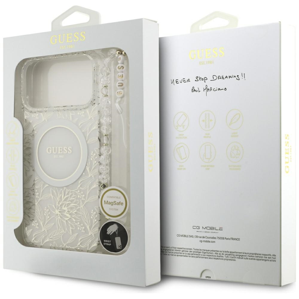 iTok webáruház - Guess Guess IML Flowers Electro Pearl Strap MagSafe tok iPhone 17 Pro Max készülékhez (fehér) 8 Guess IML Flowers Electro Pearl Strap MagSafe Case for iPhone 17 Pro Max (fehér)