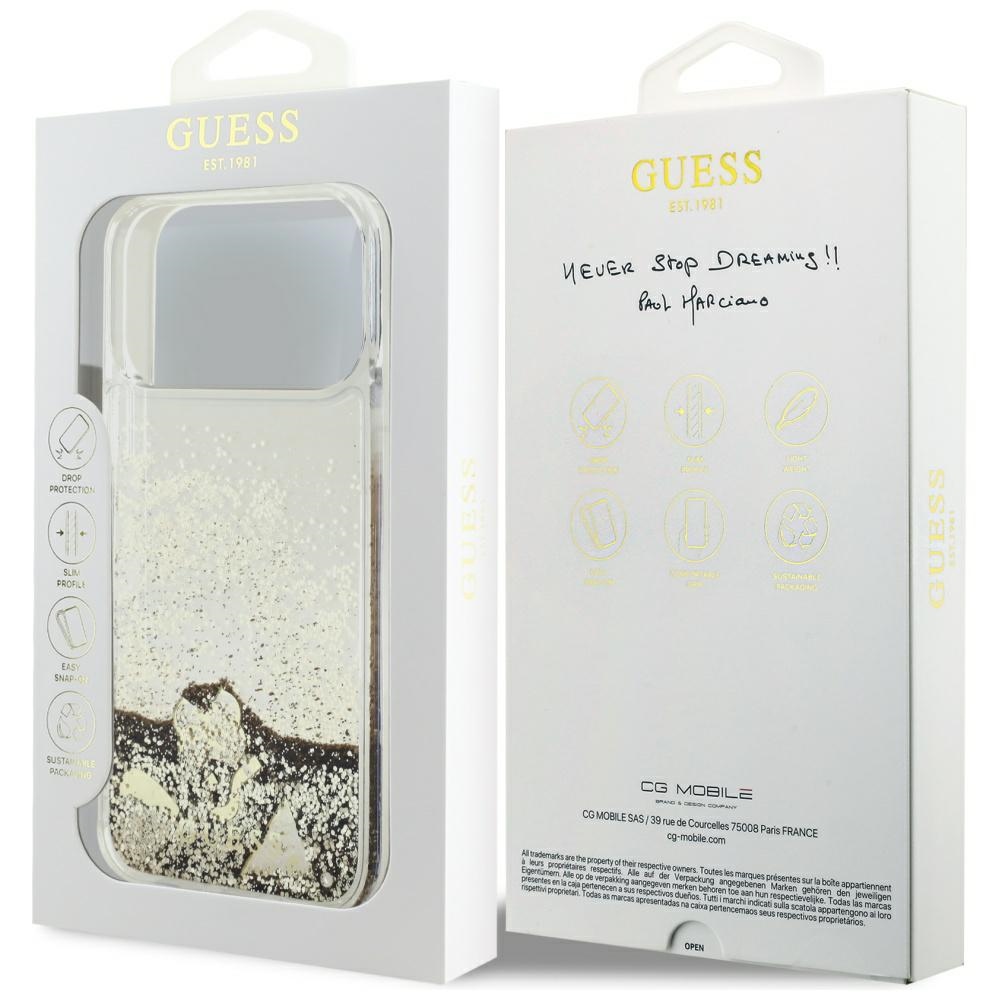 iTok webáruház - Guess Guess Liq. Glitter 4 Charms tok iPhone 17 Pro Max készülékhez (arany) 8 Guess Liq. Glitter 4 Charms Case for iPhone 17 Pro Max (arany)