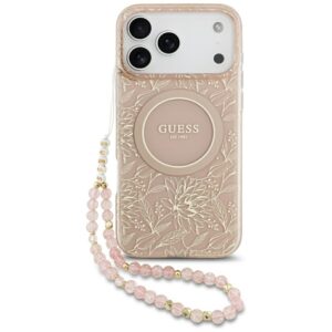 Guess IML Flowers Electro Pearl Strap MagSafe tok iPhone 17 Pro Max készülékhez (rózsaszín)