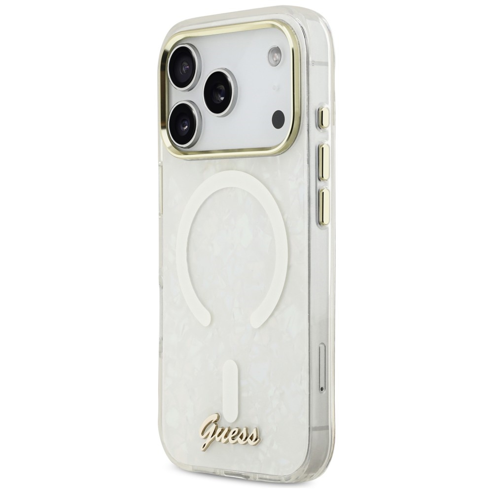 iTok webáruház - Guess Guess IML Shell Script Metal MagSafe tok iPhone 17 Pro Max készülékhez (fehér) 2 Guess IML Shell Script Metal MagSafe Case for iPhone 17 Pro Max (fehér)