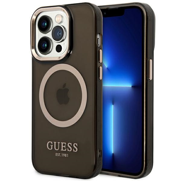 iTok webáruház - Guess Guess GUHMP14LHTCMK iPhone 14 Pro 6,1 hüvelykes fekete/arany MagSafe tok 1 Guess GUHMP14LHTCMK iPhone 14 Pro 6.1" black/black hard case Gold Outline Translucent MagSafe