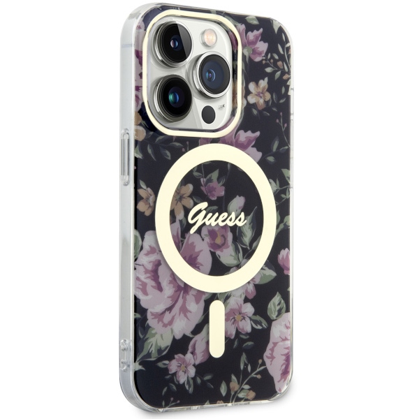 iTok webáruház - Guess Guess GUHMP14LHCFWSK iPhone 14 Pro 6.1" fekete kemény tok Flower MagSafe 4 Guess GUHMP14LHCFWSK iPhone 14 Pro 6.1" black/black hardcase Flower MagSafe