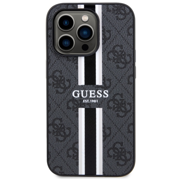 iTok webáruház - Guess Guess GUHMP14LP4RPSK iPhone 14 Pro 6,1 hüvelykes fekete MagSafe tok 3 Guess GUHMP14LP4RPSK iPhone 14 Pro 6.1" black/black hardcase 4G Printed Stripes MagSafe