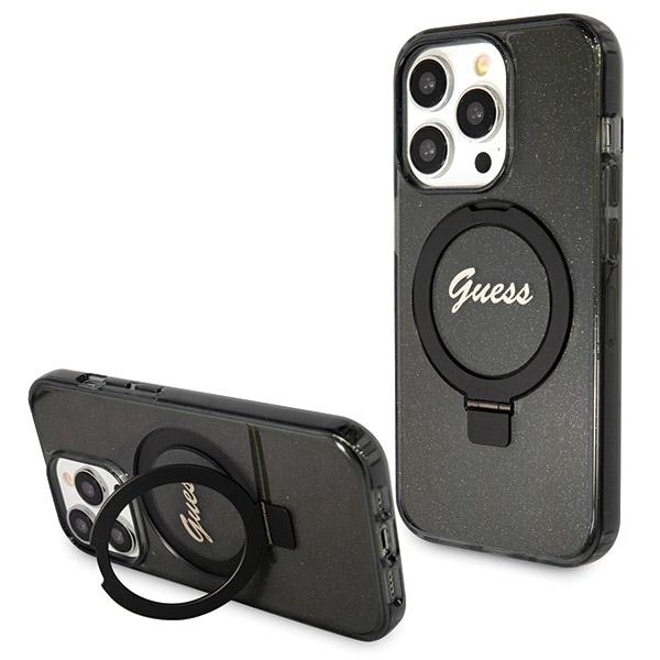iTok webáruház - Guess Guess Ring Stand Script Glitter MagSafe tok iPhone 14 Pro készülékhez (fekete) 1 Guess Ring Stand Script Glitter MagSafe case for iPhone 14 Pro (fekete)