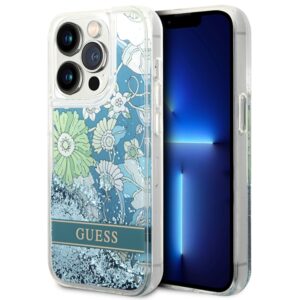 Guess GUHCP14LLFLSN iPhone 14 Pro 6,1″ zöld TPU tok Flower Liquid Glitter