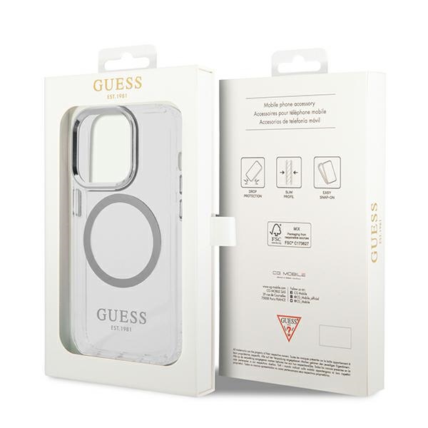 iTok webáruház - Guess Guess GUHMP14LHTRMS iPhone 14 Pro 6,1 hüvelykes tok – Metal Outline MagSafe, ezüst/átlátszó 8 Guess GUHMP14LHTRMS iPhone 14 Pro 6.1" silver/silver hard case Metal Outline Magsafe