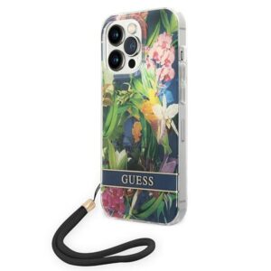 Guess GUOHCP14LHFLSB Flower Strap tok iPhone 14 Pro 6,1 hüvelykes készülékhez – kék