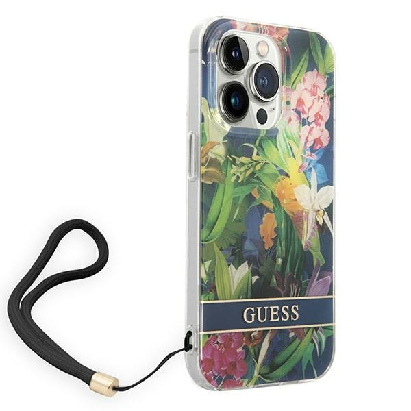 iTok webáruház - Guess Guess GUOHCP14LHFLSB Flower Strap tok iPhone 14 Pro 6,1 hüvelykes készülékhez – kék 3 Guess GUOHCP14LHFLSB iPhone 14 Pro 6.1 "blue / blue hardcase Flower Strap