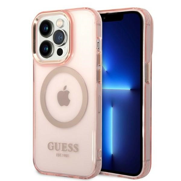 iTok webáruház - Guess Guess GUHMP14LHTCMP iPhone 14 Pro 6.1" tok – Gold Outline MagSafe 1 Guess GUHMP14LHTCMP iPhone 14 Pro 6.1" pink/pink hard case Gold Outline Translucent MagSafe