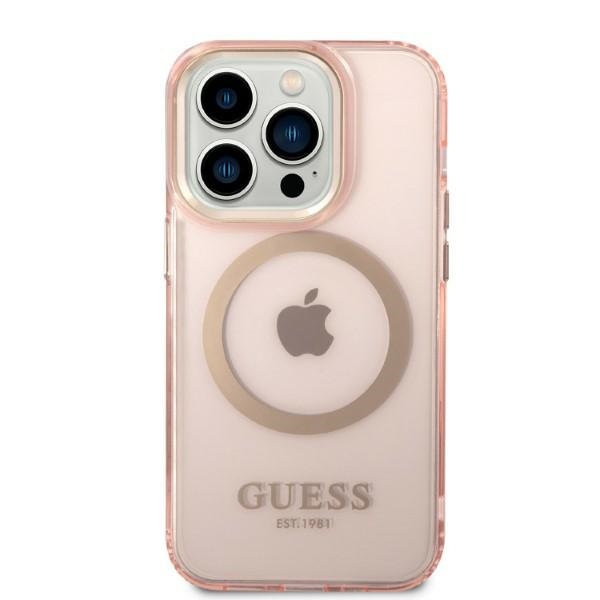 iTok webáruház - Guess Guess GUHMP14LHTCMP iPhone 14 Pro 6.1" tok – Gold Outline MagSafe 3 Guess GUHMP14LHTCMP iPhone 14 Pro 6.1" pink/pink hard case Gold Outline Translucent MagSafe