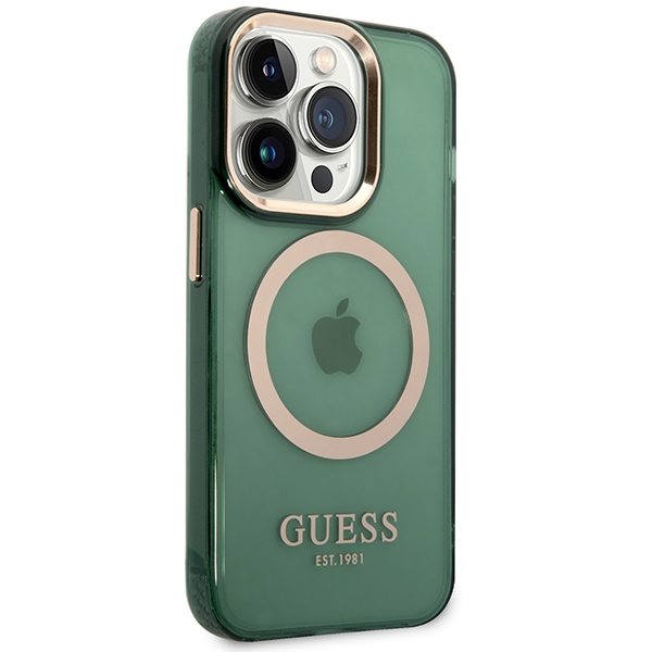 iTok webáruház - Guess Guess GUHMP14LHTCMA iPhone 14 Pro 6,1" zöld tok Gold Outline Translucent MagSafe 4 Guess GUHMP14LHTCMA iPhone 14 Pro 6.1" green/khaki hard case Gold Outline Translucent MagSafe