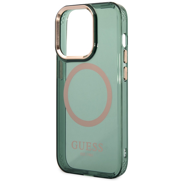 iTok webáruház - Guess Guess GUHMP14LHTCMA iPhone 14 Pro 6,1" zöld tok Gold Outline Translucent MagSafe 6 Guess GUHMP14LHTCMA iPhone 14 Pro 6.1" green/khaki hard case Gold Outline Translucent MagSafe