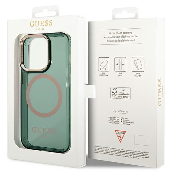 iTok webáruház - Guess Guess GUHMP14LHTCMA iPhone 14 Pro 6,1" zöld tok Gold Outline Translucent MagSafe 8 Guess GUHMP14LHTCMA iPhone 14 Pro 6.1" green/khaki hard case Gold Outline Translucent MagSafe