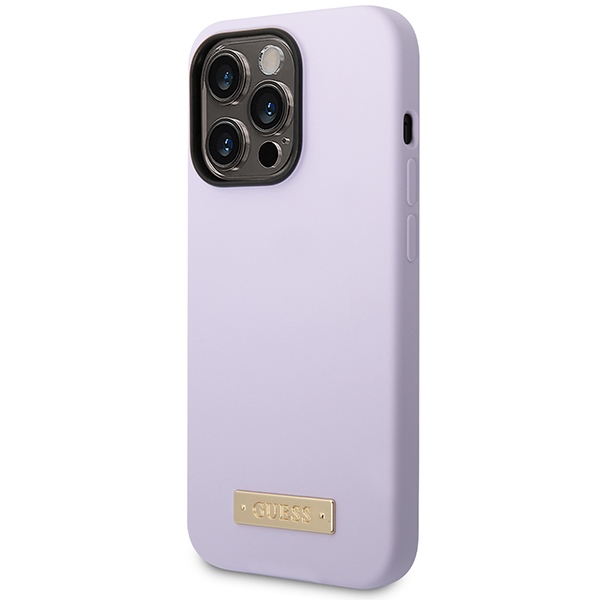 iTok webáruház - Guess Guess GUHMP14LSBPLU iPhone 14 Pro 6,1" lila szilikon tok MagSafe 2 Guess GUHMP14LSBPLU iPhone 14 Pro 6.1" purple/purple hard case Silicone Logo Plate MagSafe