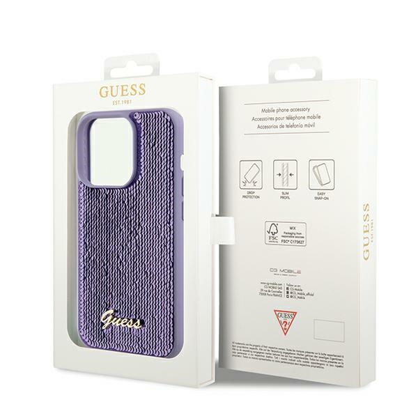 iTok webáruház - Guess Guess Sequin Script Metal tok iPhone 14 Pro készülékhez (lila) 8 Guess Sequin Script Metal case for iPhone 14 Pro (lila)