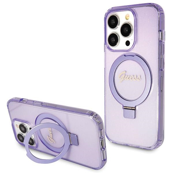 iTok webáruház - Guess Guess Ring Stand Script Glitter MagSafe tok iPhone 14 Pro készülékhez (lila) 1 Guess Ring Stand Script Glitter MagSafe case for iPhone 14 Pro (lila)