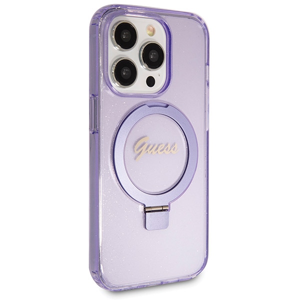 iTok webáruház - Guess Guess Ring Stand Script Glitter MagSafe tok iPhone 14 Pro készülékhez (lila) 4 Guess Ring Stand Script Glitter MagSafe case for iPhone 14 Pro (lila)