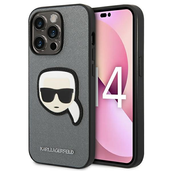 iTok webáruház - Karl Lagerfeld Karl Lagerfeld Saffiano Karl's Head Patch tok iPhone 14 Pro készülékhez (ezüst) 1 Karl Lagerfeld Saffiano Karl's Head Patch Case for iPhone 14 Pro (ezüst)