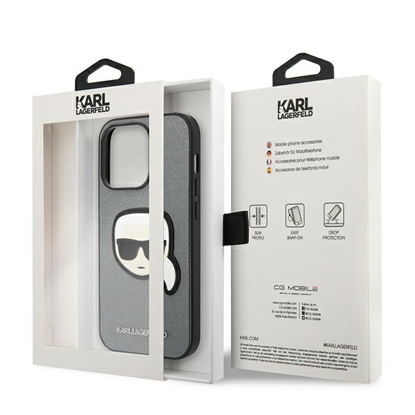 iTok webáruház - Karl Lagerfeld Karl Lagerfeld Saffiano Karl's Head Patch tok iPhone 14 Pro készülékhez (ezüst) 8 Karl Lagerfeld Saffiano Karl's Head Patch Case for iPhone 14 Pro (ezüst)