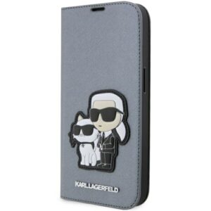 Karl Lagerfeld KLBKP14LSANKCPG iPhone 14 Pro könyvtok – Saffiano Karl & Choupette, ezüst