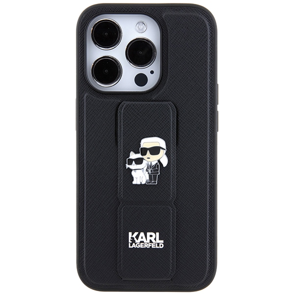 iTok webáruház - Karl Lagerfeld Karl Lagerfeld Gripstand Saffiano Karl&Choupette Pins tok iPhone 14 Pro készülékhez (fekete) 3 Karl Lagerfeld Gripstand Saffiano Karl&Choupette Pins case for iPhone 14 Pro (fekete)