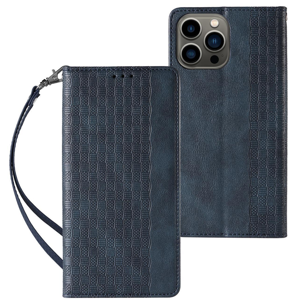 iTok webáruház - Hurtel Magnet Strap Case tok iPhone 14-hez – kék 1 Magnet Strap Case Case for iPhone 14 Flip Wallet Mini Lanyard Stand Blue