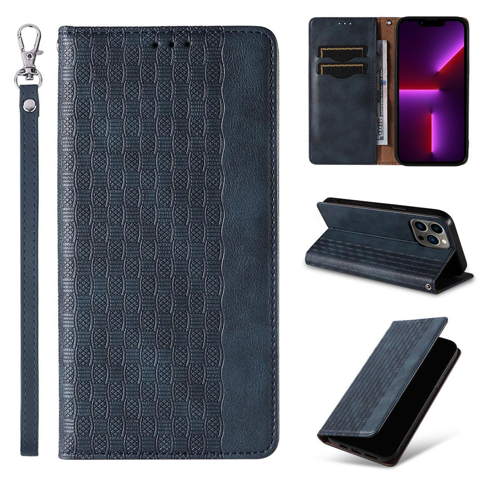 iTok webáruház - Hurtel Magnet Strap Case tok iPhone 14-hez – kék 3 Magnet Strap Case Case for iPhone 14 Flip Wallet Mini Lanyard Stand Blue