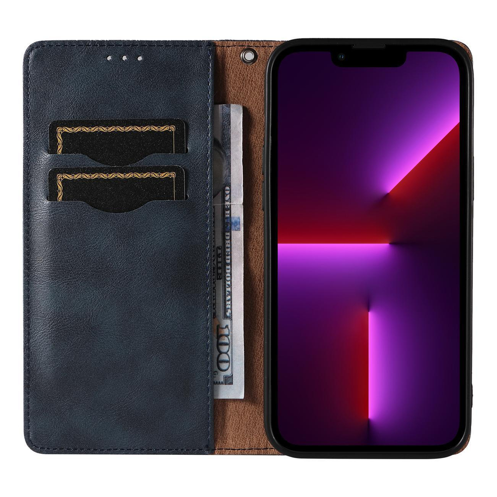 iTok webáruház - Hurtel Magnet Strap Case tok iPhone 14-hez – kék 8 Magnet Strap Case Case for iPhone 14 Flip Wallet Mini Lanyard Stand Blue