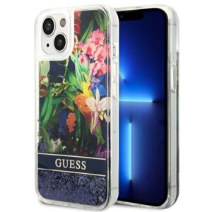 Guess GUHCP14SLFLSB iPhone 14 6,1 hüvelykes kék kemény tok – Flower Liquid Glitter