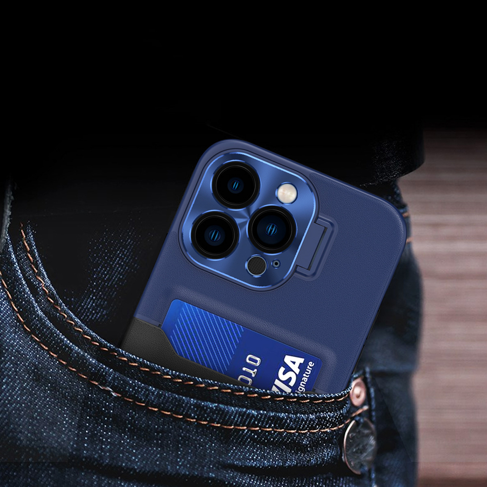 iTok webáruház - Hurtel Hurtel Leather Stand Case tok iPhone 14 készülékhez, kék 2 Leather Stand Case for iPhone 14 cover card wallet with stand blue