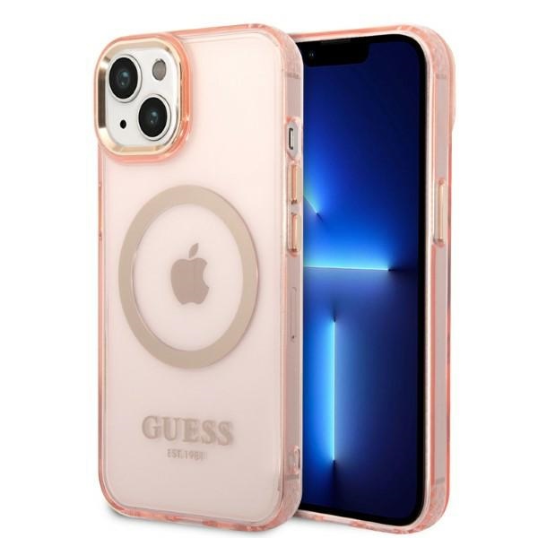 iTok webáruház - Guess Guess GUHMP14SHTCMP iPhone 14 6,1 hüvelykes rózsaszín kemény tok MagSafe 1 Guess GUHMP14SHTCMP iPhone 14 6.1" pink/pink hard case Gold Outline Translucent MagSafe