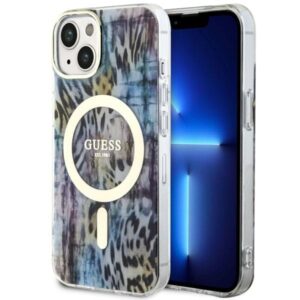 Guess Leopard MagSafe tok iPhone 14 készülékhez (kék)