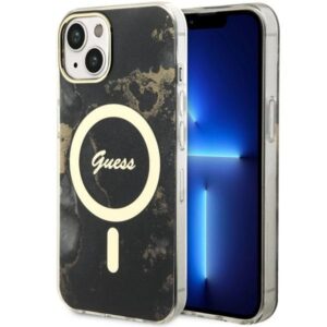 Guess GUHMP14SHTMRSK iPhone 14 6,1 hüvelykes fekete keménytok – Golden Marble MagSafe