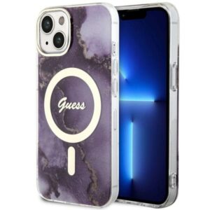 Guess GUHMP14SHTMRSU iPhone 14 6,1 hüvelykes lila keménytok Golden Marble MagSafe