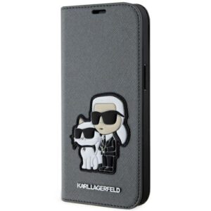 Karl Lagerfeld KLBKP14SSANKCPG iPhone 14 6,1 hüvelykes könyvtok – Saffiano Karl & Choupette, ezüst