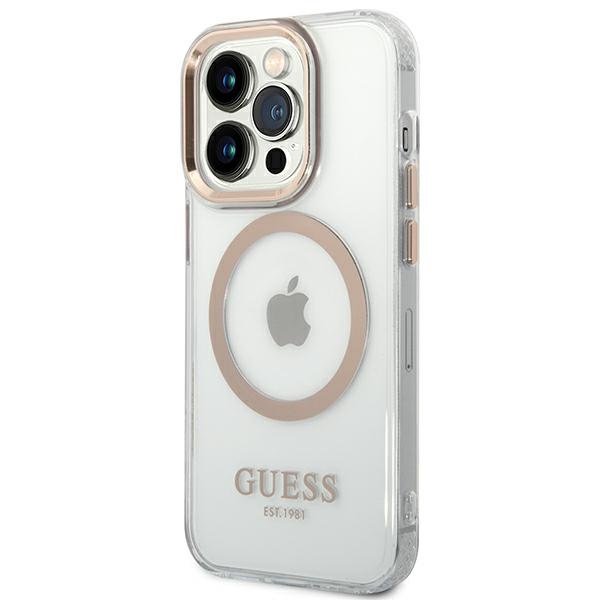 iTok webáruház - Guess Guess GUHMP14XHTRMD Metal Outline MagSafe tok iPhone 14 Pro Max 6,7" készülékhez – arany/átlátszó 2 Guess GUHMP14XHTRMD iPhone 14 Pro Max 6.7 "gold / gold hard case Metal Outline Magsafe