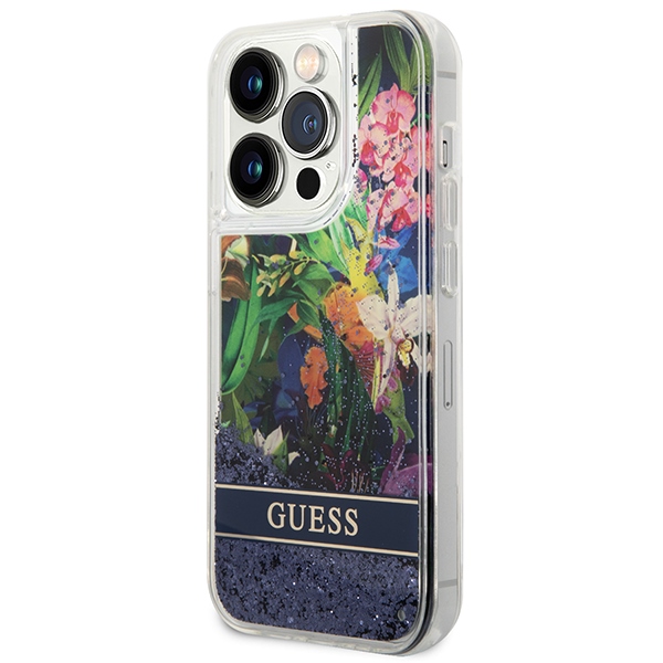 iTok webáruház - Guess Guess Flower Liquid Glitter tok iPhone 14 Pro Max készülékhez (kék) 2 Guess Flower Liquid Glitter case for iPhone 14 Pro Max (kék)