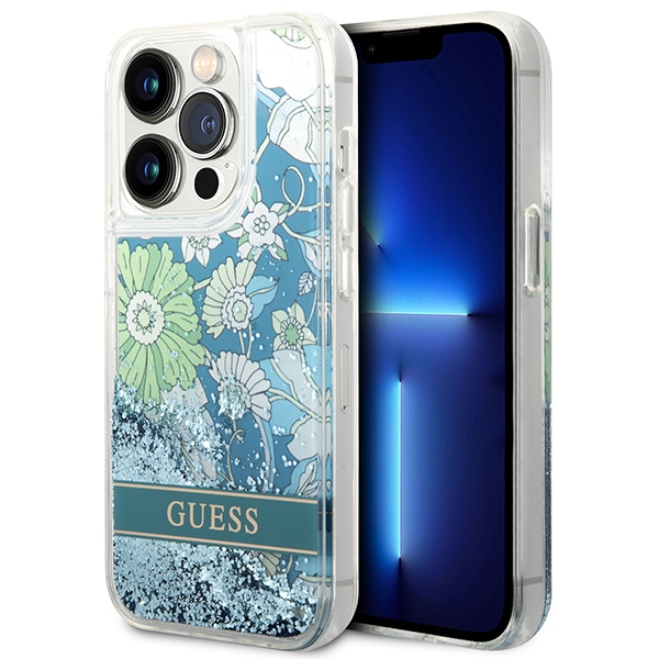 iTok webáruház - Guess Guess Flower Liquid Glitter tok iPhone 14 Pro Max készülékhez (zöld) 1 Guess Flower Liquid Glitter case for iPhone 14 Pro Max (zöld)
