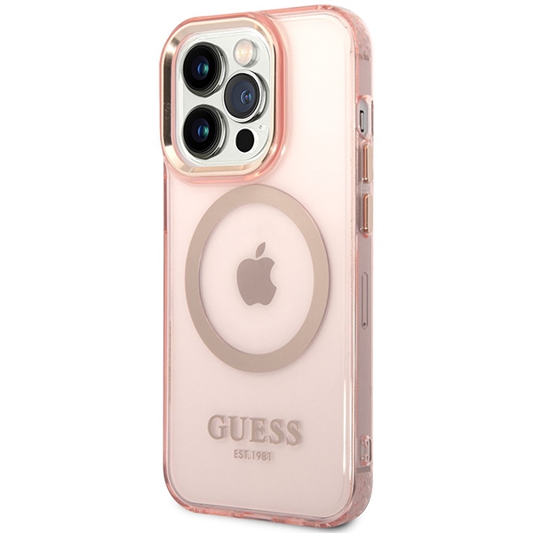 iTok webáruház - Guess Guess GUHMP14XHTCMP iPhone 14 Pro Max tok – rózsaszín 2 Guess GUHMP14XHTCMP iPhone 14 Pro Max 6.7" pink/pink hard case Gold Outline Translucent MagSafe