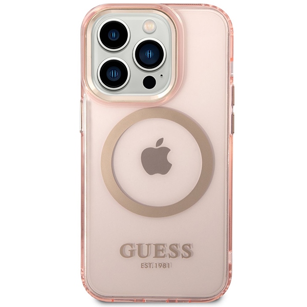 iTok webáruház - Guess Guess GUHMP14XHTCMP iPhone 14 Pro Max tok – rózsaszín 3 Guess GUHMP14XHTCMP iPhone 14 Pro Max 6.7" pink/pink hard case Gold Outline Translucent MagSafe