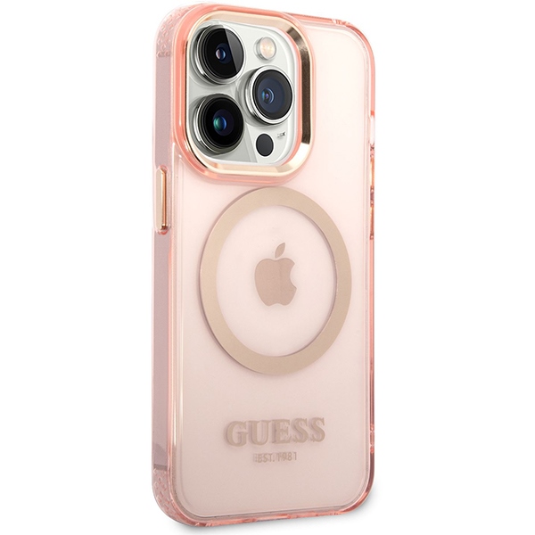 iTok webáruház - Guess Guess GUHMP14XHTCMP iPhone 14 Pro Max tok – rózsaszín 4 Guess GUHMP14XHTCMP iPhone 14 Pro Max 6.7" pink/pink hard case Gold Outline Translucent MagSafe