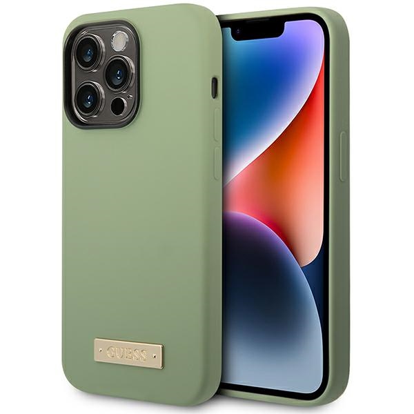 iTok webáruház - Guess Guess Silicone Logo Plate MagSafe tok iPhone 14 Pro Max készülékhez (zöld) 1 Guess Silicone Logo Plate MagSafe case for iPhone 14 Pro Max (zöld)