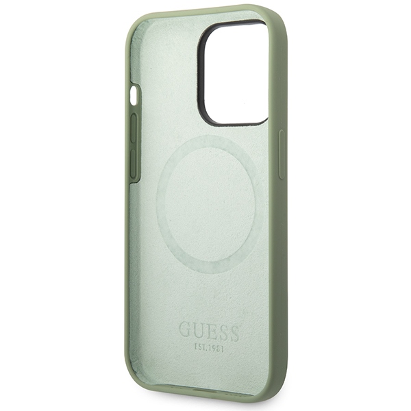 iTok webáruház - Guess Guess Silicone Logo Plate MagSafe tok iPhone 14 Pro Max készülékhez (zöld) 7 Guess Silicone Logo Plate MagSafe case for iPhone 14 Pro Max (zöld)