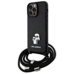 Karl Lagerfeld KLHCP14XSAKCPSK Crossbody Saffiano Metal Pin Karl & Choupette tok iPhone 14 Pro Max készülékhez – fekete