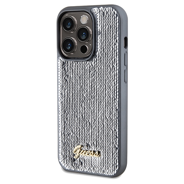 iTok webáruház - Guess Guess Sequin Script Metal tok iPhone 14 Pro Max készülékhez (ezüst) 2 Guess Sequin Script Metal case for iPhone 14 Pro Max (ezüst)