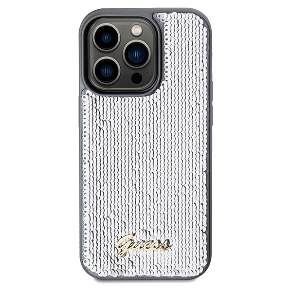 iTok webáruház - Guess Guess Sequin Script Metal tok iPhone 14 Pro Max készülékhez (ezüst) 3 Guess Sequin Script Metal case for iPhone 14 Pro Max (ezüst)
