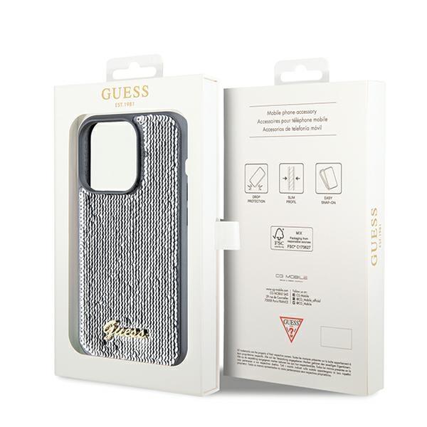 iTok webáruház - Guess Guess Sequin Script Metal tok iPhone 14 Pro Max készülékhez (ezüst) 8 Guess Sequin Script Metal case for iPhone 14 Pro Max (ezüst)